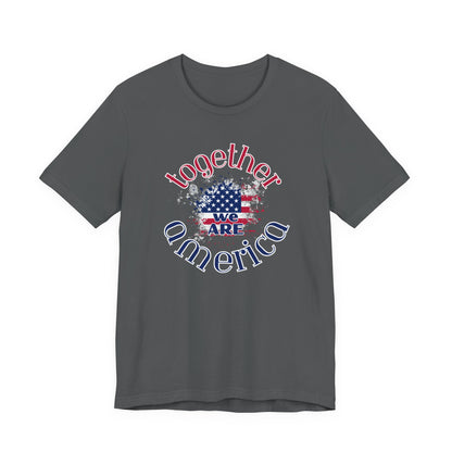 Gray t-shirt with 'Together We Are America' design featuring an American flag on a white background