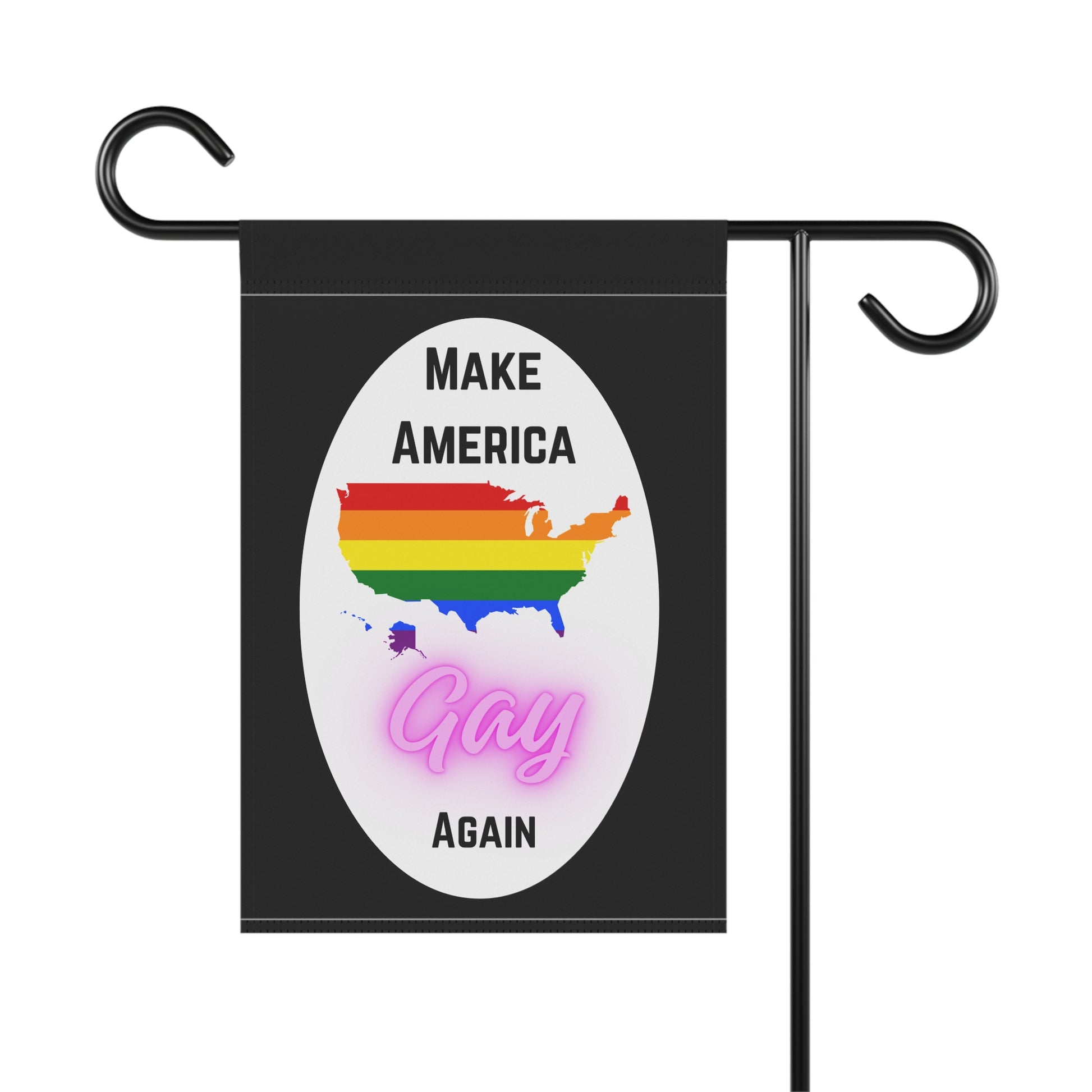 Garden flag with text "Make America Gay Again" with a Pride flag map of the United States by empowHER by Heidi