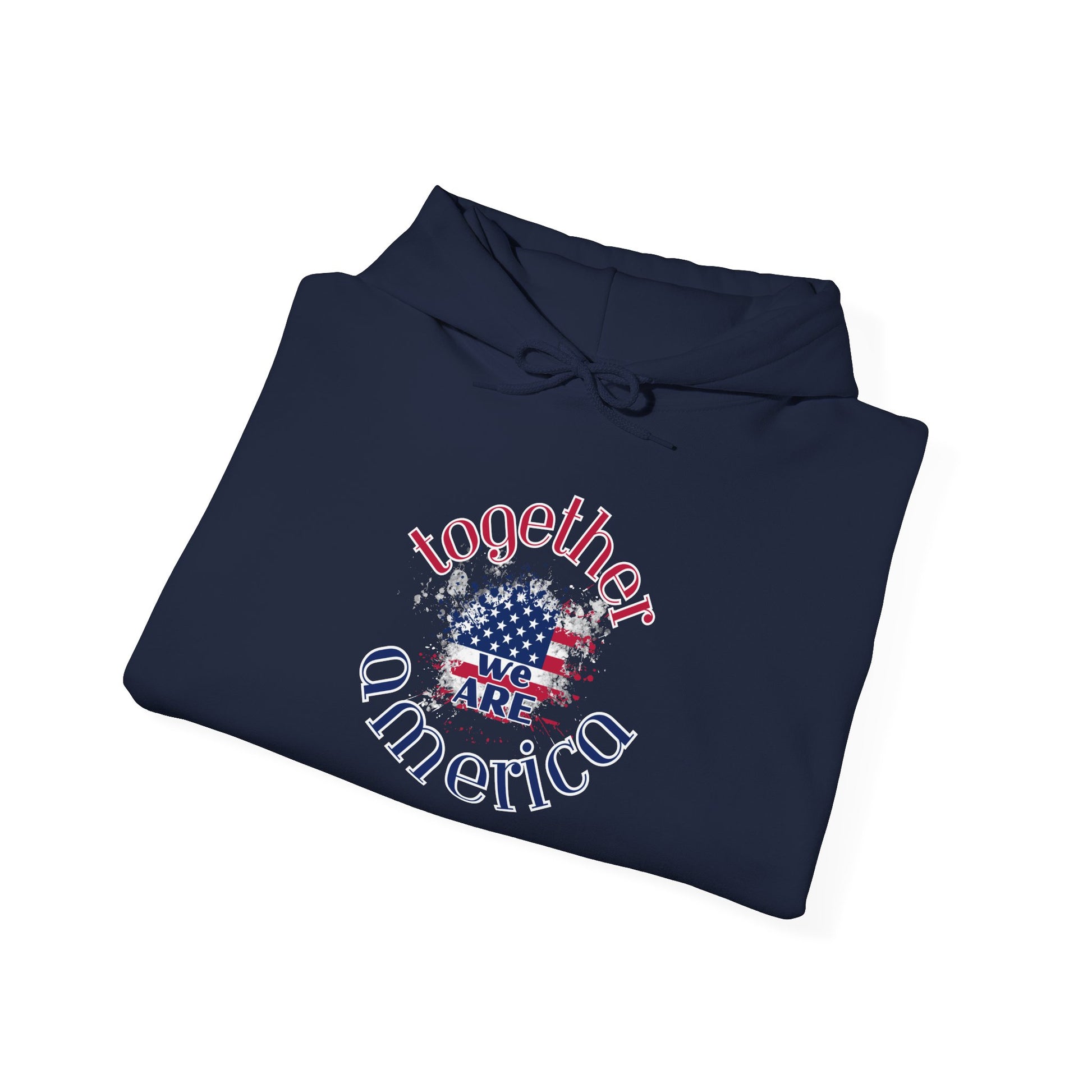 Folded navy blue hoodie with 'Together We Are America' text and flag design by empowHER by Heidi