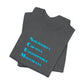 Folded dark gray t-shirt with blue text 'Solidarity Creates Unstoppable Movements' by empowHER by Heidi