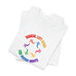 Folded white t-shirt with colorful graphic design and text "Radical left scum for human rights" by empowHER by Heidi