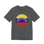 Gray t-shirt with a circular design featuring the Venezuelan flag and 'I stand with Venezuela' text by empowHER by Heidi