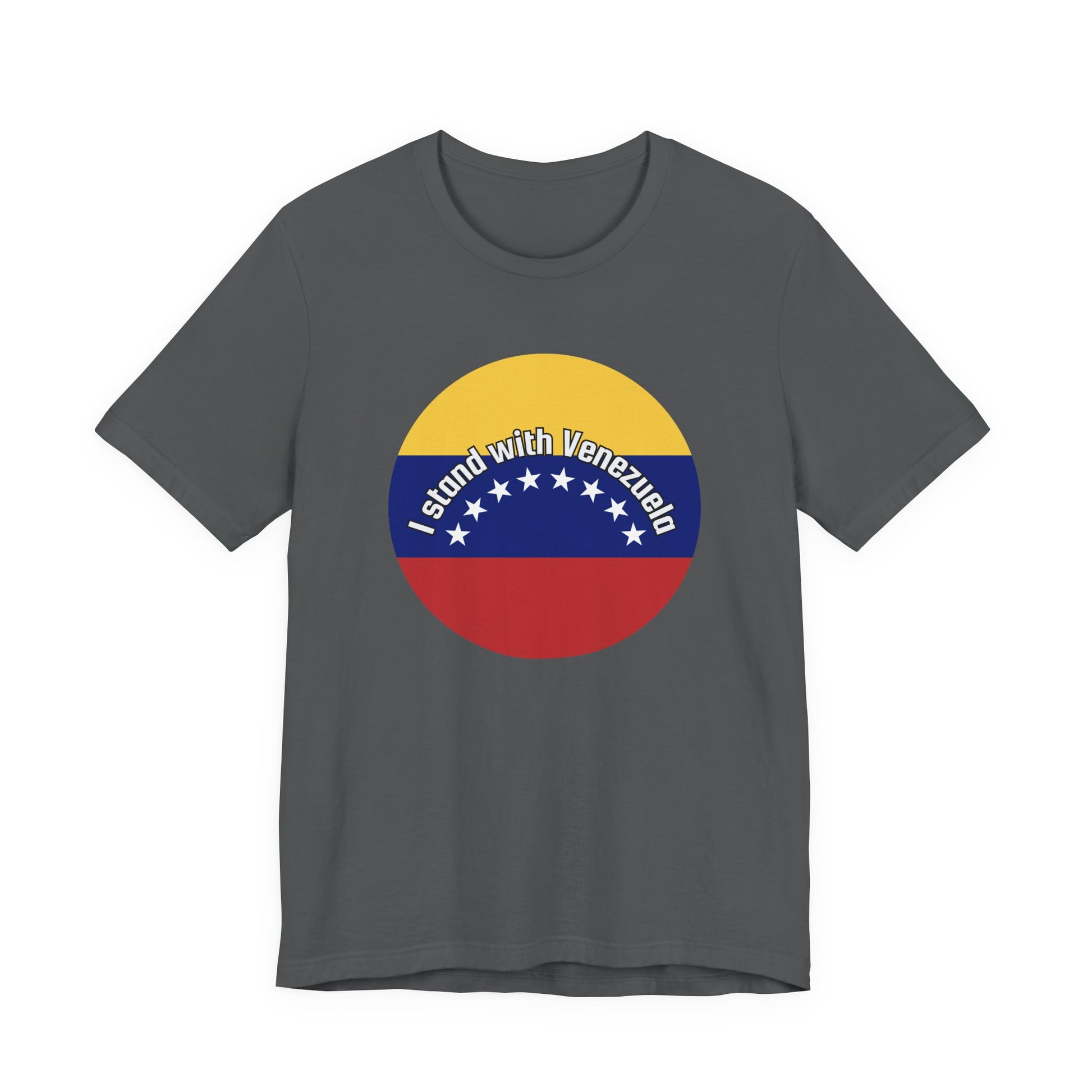 Gray t-shirt with a circular design featuring the Venezuelan flag and 'I stand with Venezuela' text by empowHER by Heidi