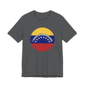 Gray t-shirt with a circular design featuring the Venezuelan flag and 'I stand with Venezuela' text by empowHER by Heidi