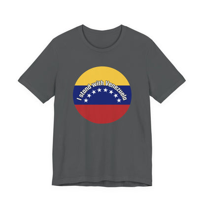 Gray t-shirt with a circular design featuring the Venezuelan flag and 'I stand with Venezuela' text by empowHER by Heidi