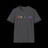 Gender Inclusive Pronouns She/They (rainbow text) T-Shirt - Dark Heather