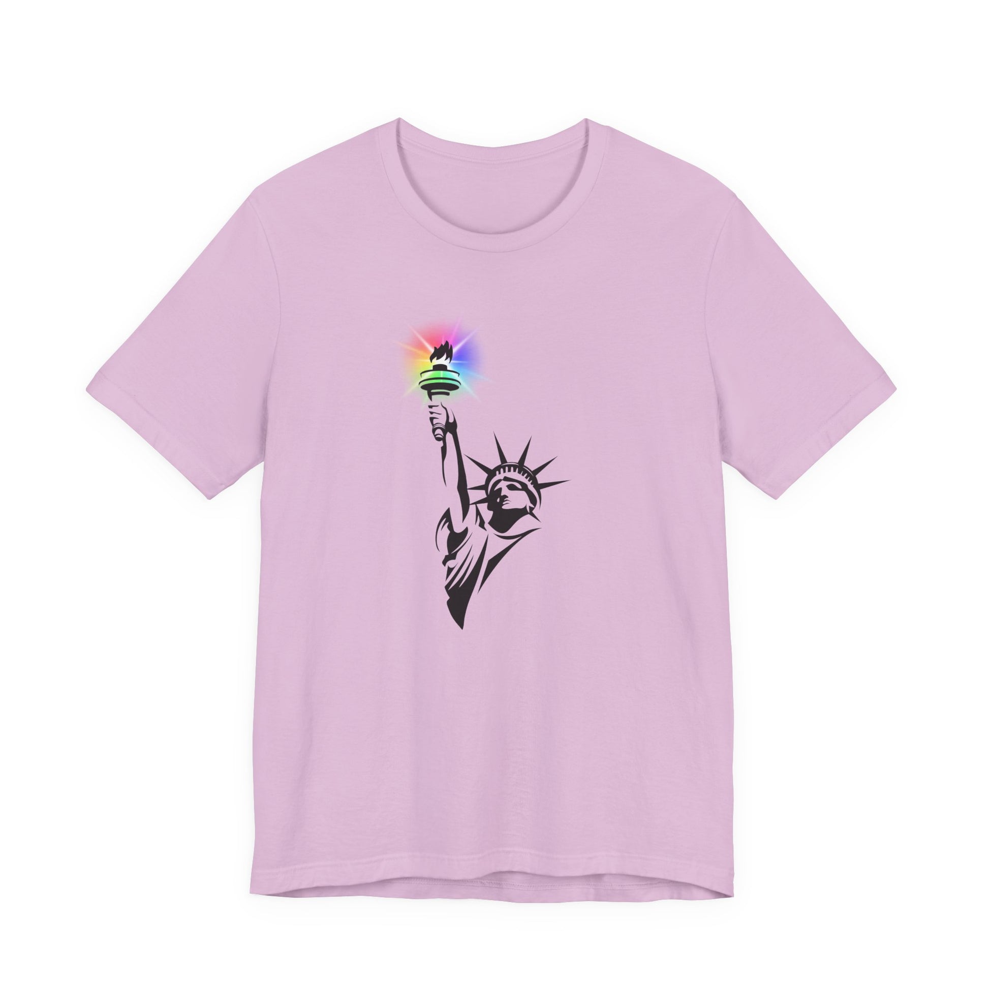 Lilac t-shirt with the Statue of Liberty and rainbow Pride colors emitting from her torch by empowHER by Heidi