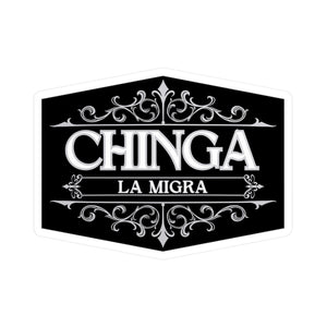 Decorative sticker with 'CHINGA LA MIGRA' text on a black background by empowHER by Heidi