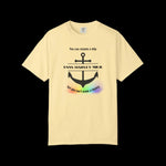 Pale yellow t-shirt with a graphic design of a naval anchor with the text "You can rename a ship {USNS Harvey Milk} but you can't erase a legacy"
