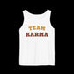 White tank top with 'Team Karma' text on a black background