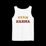White tank top with 'Team Karma' text on a black background