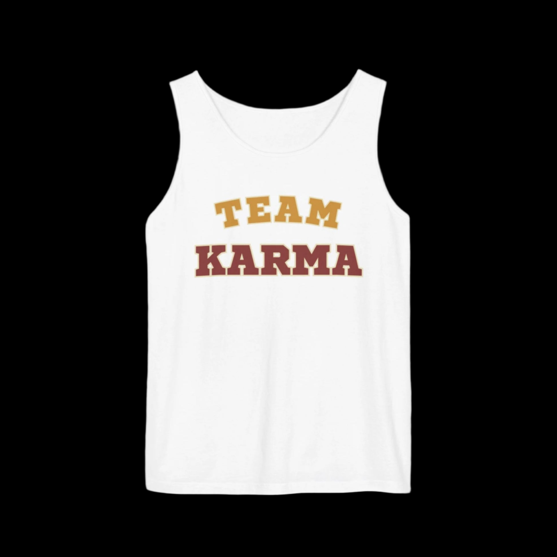 White tank top with 'Team Karma' text on a black background