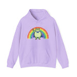 Lavender hoodie with the Portland protest frog and Pride rainbow design by empowHER by Heidi