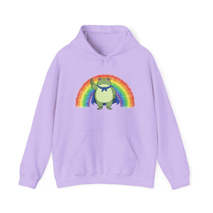 Lavender hoodie with the Portland protest frog and Pride rainbow design by empowHER by Heidi