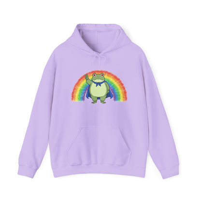 Lavender hoodie with the Portland protest frog and Pride rainbow design by empowHER by Heidi