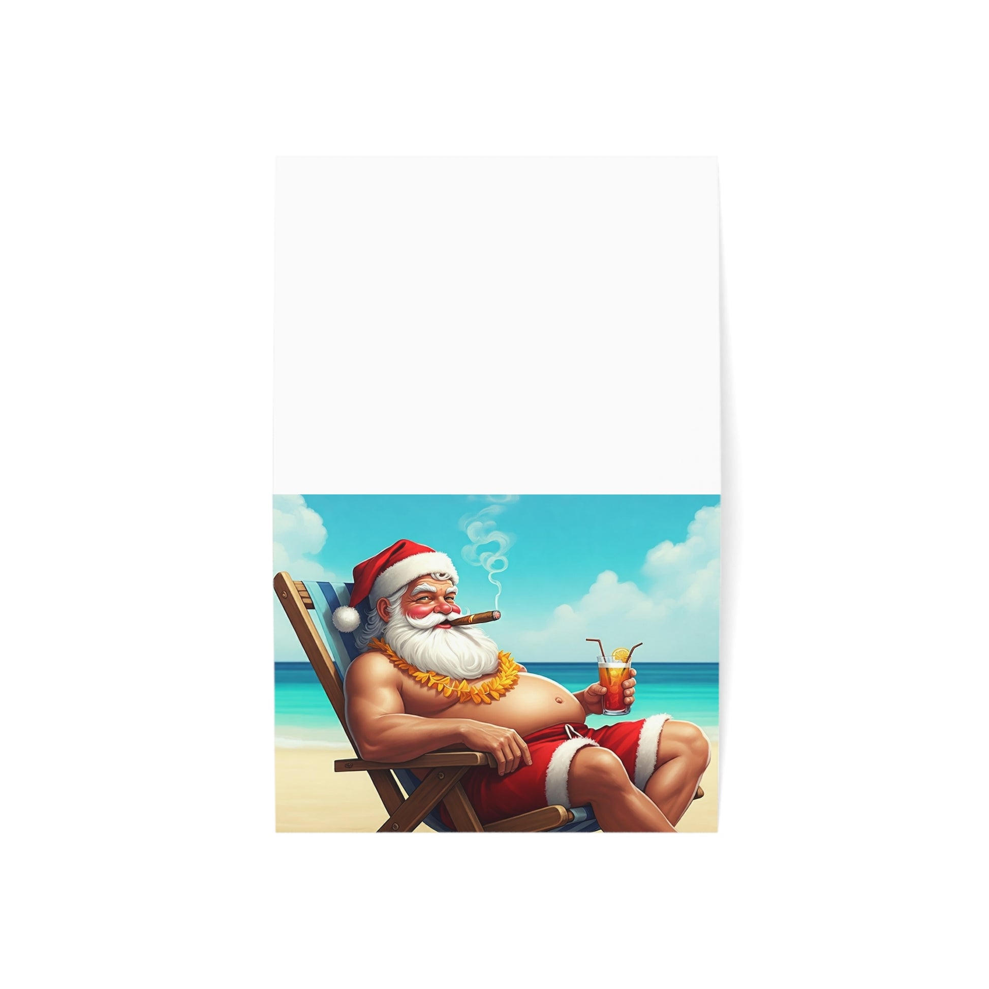 Card with a cartoon Santa Claus lounging on a beach, smoking a cigar and holding a drink.