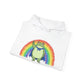 White hoodie with the Portland protest frog and Pride rainbow design by empowHER by Heidi