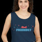 Loose fitting navy blue tank top with the words "not friendly" along with decorative sparkles
