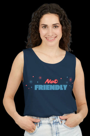 Loose fitting navy blue tank top with the words "not friendly" along with decorative sparkles
