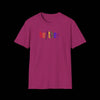 Gender Inclusive Pronouns he/they (in rainbow text) T-Shirt - Heliconia