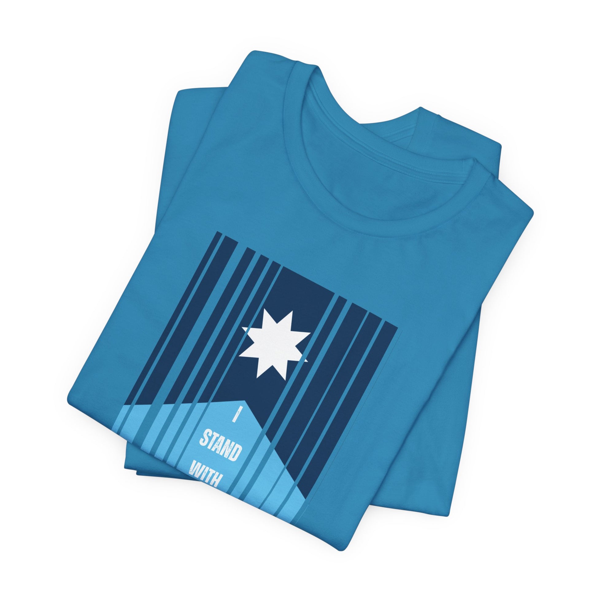 Folded blue t-shirt with a stylized Minnesota flag and text "I Stand with MN" by empowHER by Heidi