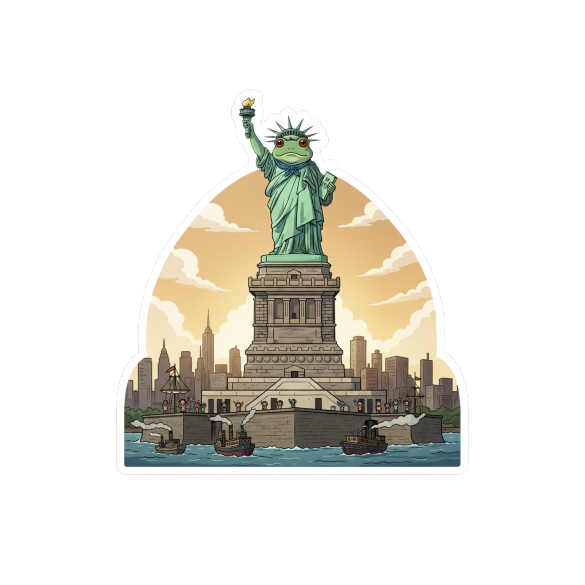 Illustration of Portland protest frog as the Statue of Liberty with a city skyline in the background