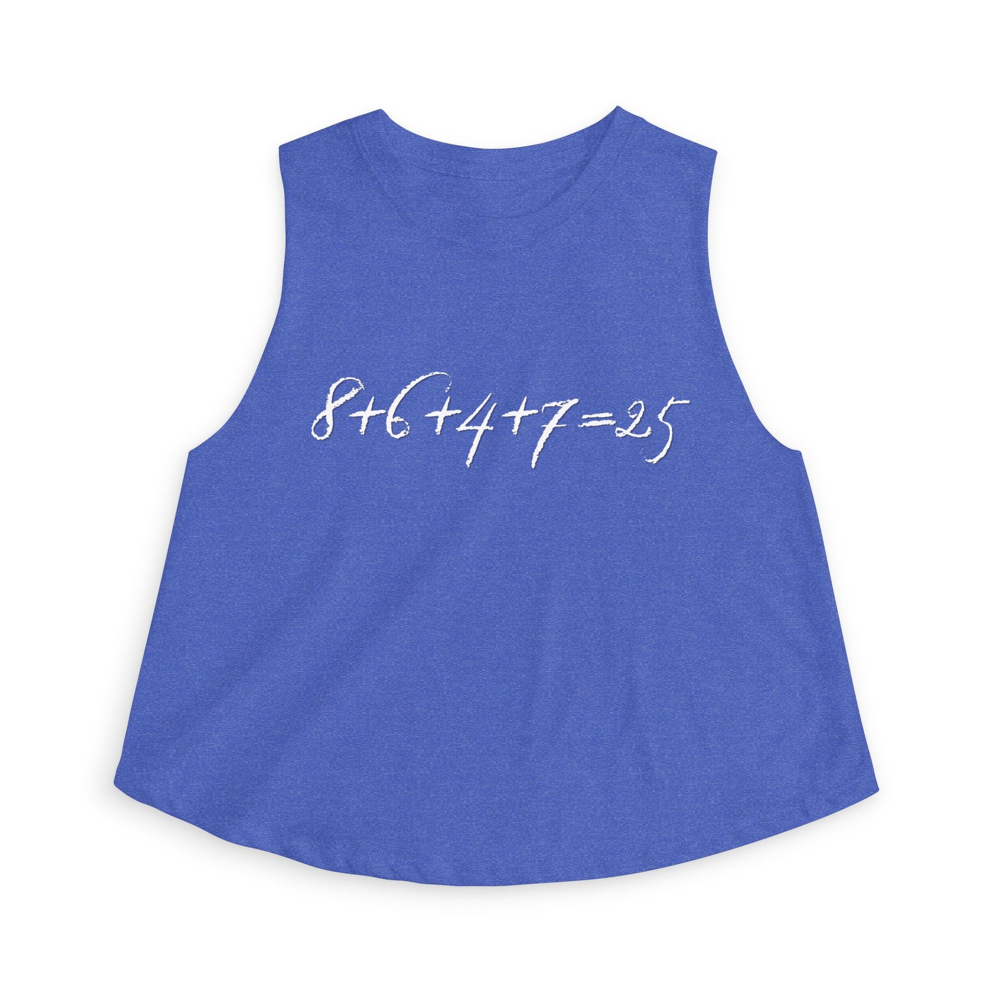Blue tank top with the mathematical equation "8+6+4+7=25" text by empowHER by Heidi