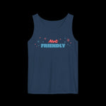 Loose fitting navy blue tank top with the words "not friendly" along with decorative sparkles