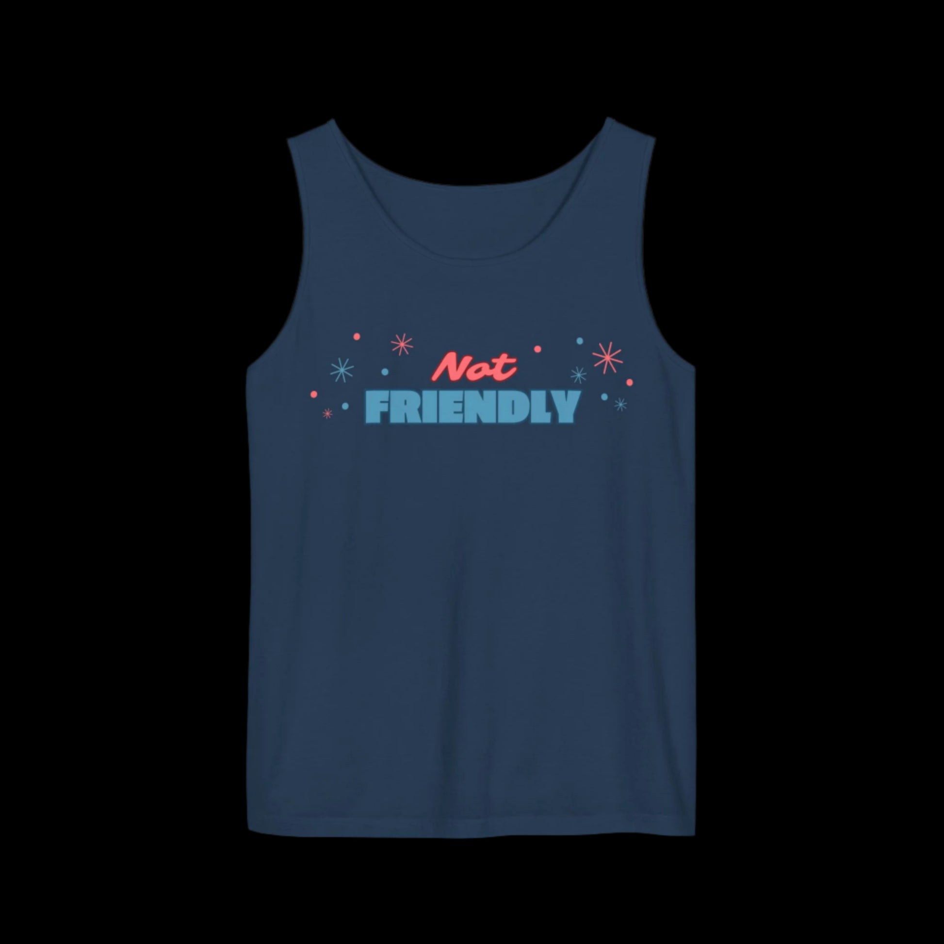 Loose fitting navy blue tank top with the words "not friendly" along with decorative sparkles