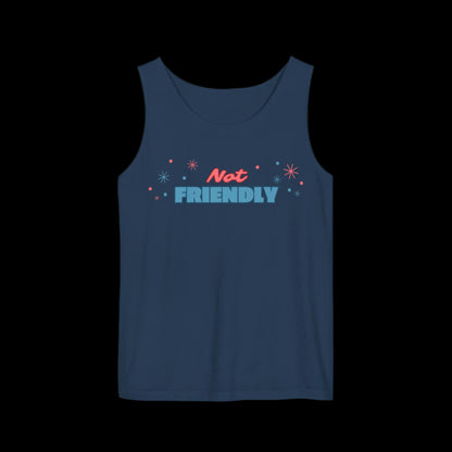 Loose fitting navy blue tank top with the words "not friendly" along with decorative sparkles