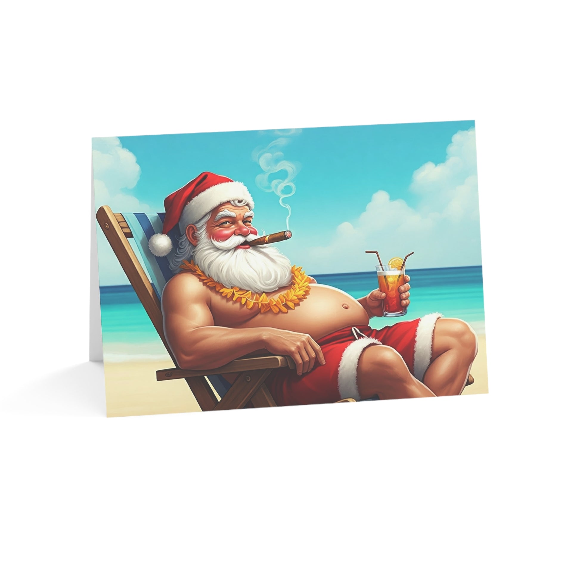 Card with a cartoon Santa Claus lounging on a beach, smoking a cigar and holding a drink.