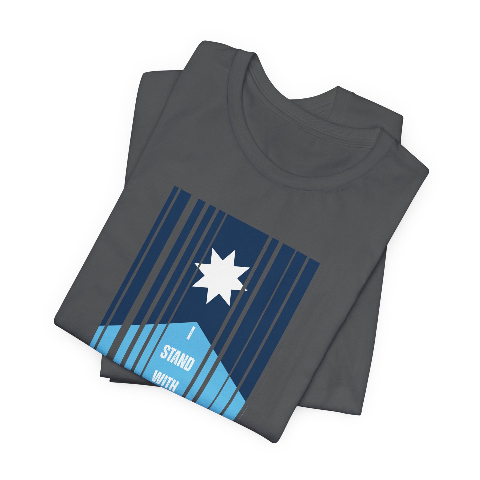 Folded gray t-shirt with a stylized Minnesota flag and text "I Stand with MN" by empowHER by Heidi