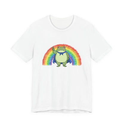 White t-shirt with the Portland protest frog and Pride rainbow design by empowHER by Heidi