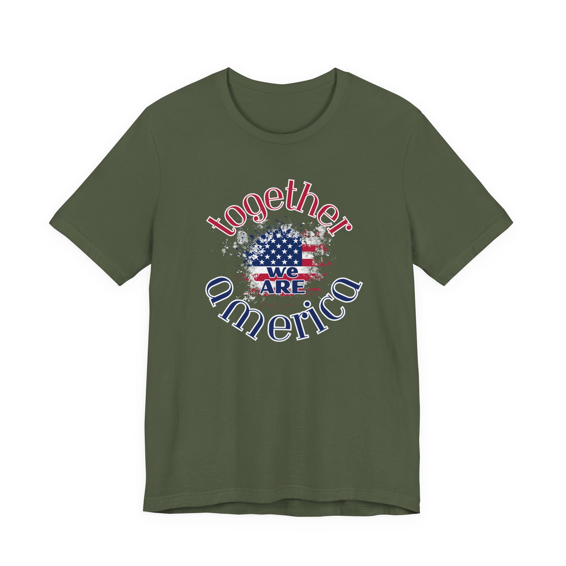 Green t-shirt with 'Together We Are America' design featuring an American flag on a white background