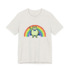 Heather cement t-shirt with the Portland protest frog and Pride rainbow design by empowHER by Heidi