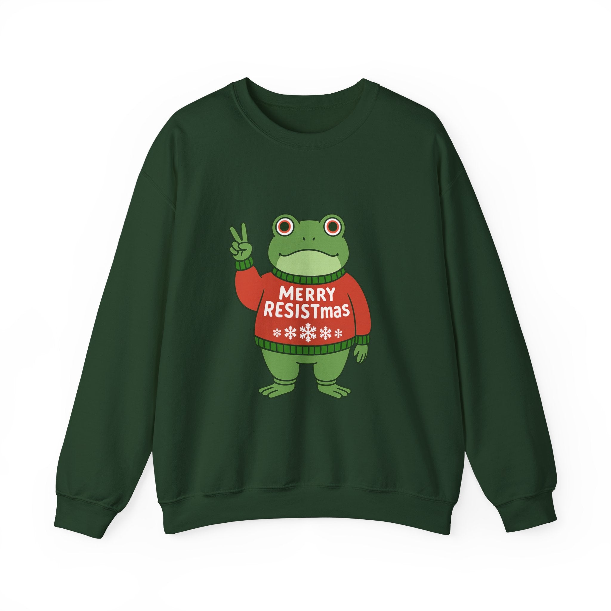 Green sweatshirt with the Portland protest frog wearing a sweater displaying 'Merry Resistmas' by empowHERbyHeidi
