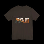 Brown  t-shirt with 'PAM' logo "Peak American Mischief" on the back against a black background