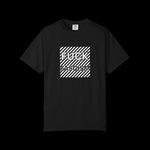 Simple black and white t-shirt with the words "f*ck fascism" against a black and white striped square