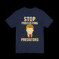 Navy blue t-shirt with a graphic of a person  that looks like the silhouette of trump and text 'Stop Protecting Predators' 