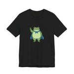 Black t-shirt with a bold graphic of the Portland protest frog—red eyes, blue cape, and unimpressed face by empowHERbyHeidi