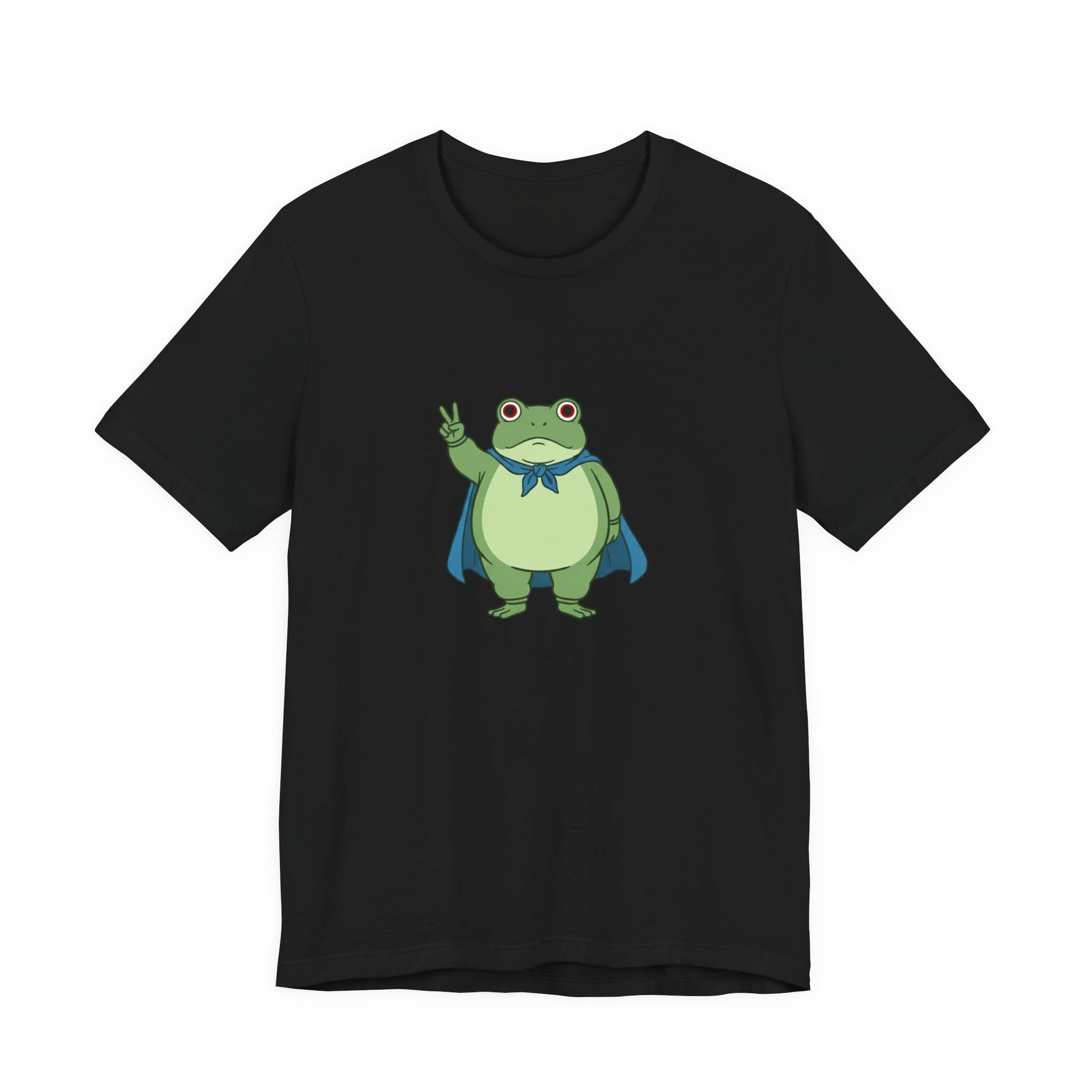 Black t-shirt with a bold graphic of the Portland protest frog—red eyes, blue cape, and unimpressed face by empowHERbyHeidi