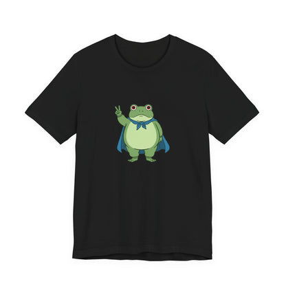 Black t-shirt with a bold graphic of the Portland protest frog—red eyes, blue cape, and unimpressed face by empowHERbyHeidi