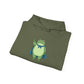 Folded military green fleece hoodie with a bold graphic of the Portland protest frog—red eyes, blue cape, and unimpressed face by empowHERbyHeidi