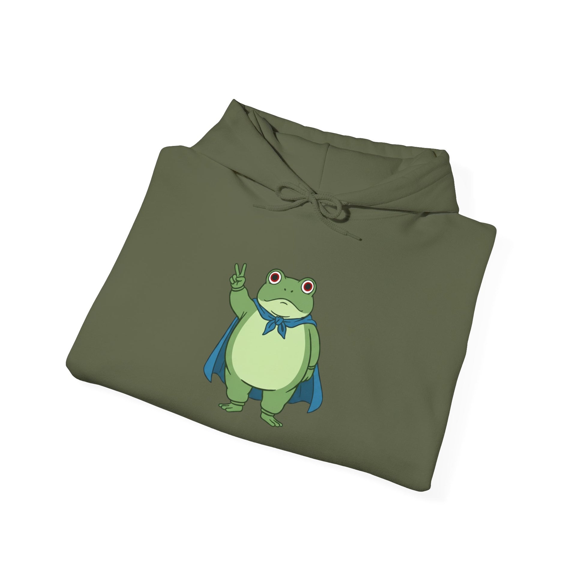 Folded military green fleece hoodie with a bold graphic of the Portland protest frog—red eyes, blue cape, and unimpressed face by empowHERbyHeidi