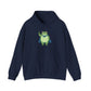 Navy fleece hoodie with a bold graphic of the Portland protest frog—red eyes, blue cape, and unimpressed face by empowHERbyHeidi