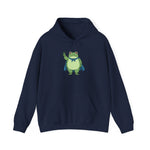 Navy fleece hoodie with a bold graphic of the Portland protest frog—red eyes, blue cape, and unimpressed face by empowHERbyHeidi
