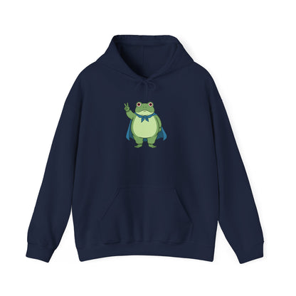 Navy fleece hoodie with a bold graphic of the Portland protest frog—red eyes, blue cape, and unimpressed face by empowHERbyHeidi