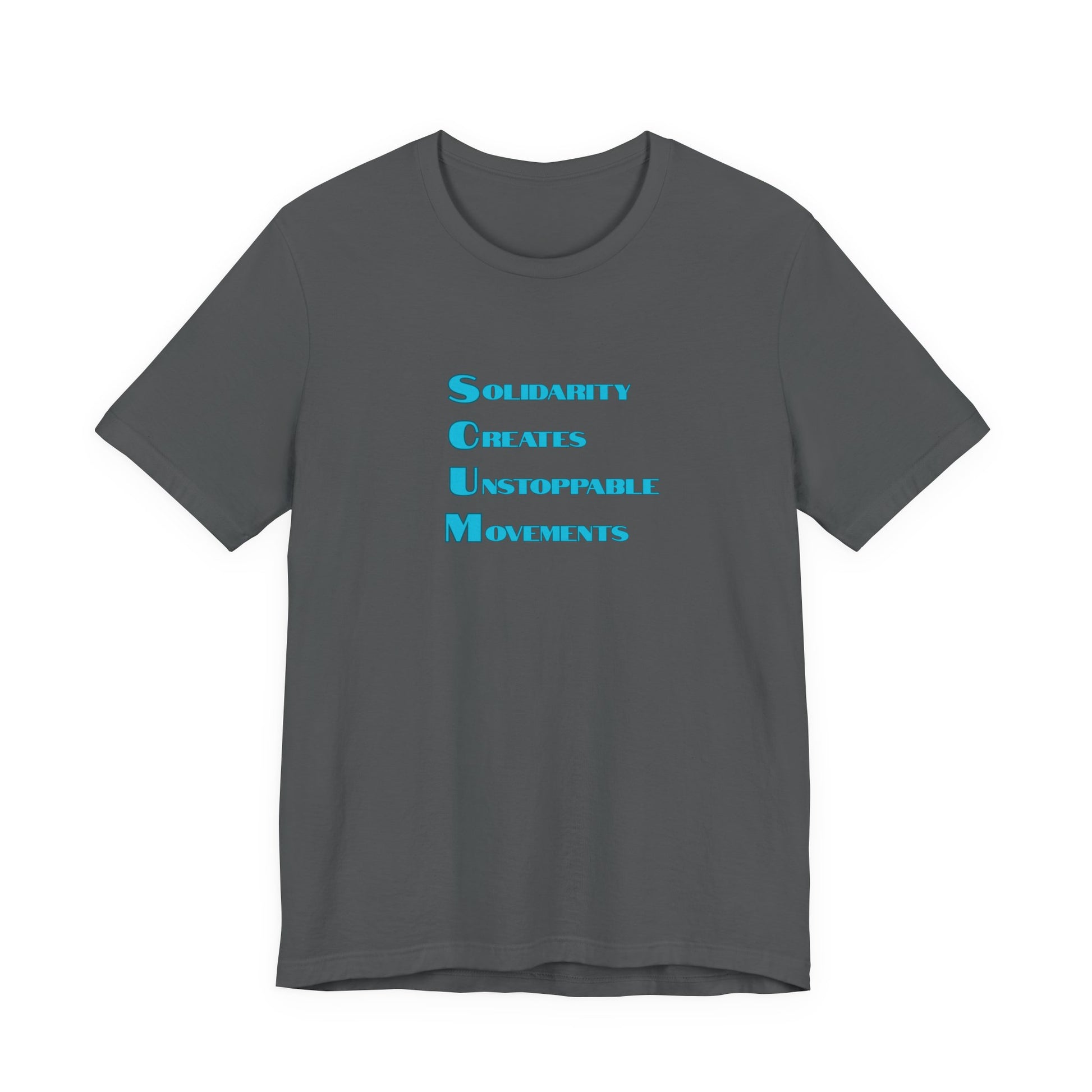 Gray t-shirt with blue text 'Solidarity Creates Unstoppable Movements' by empowHER by Heidi