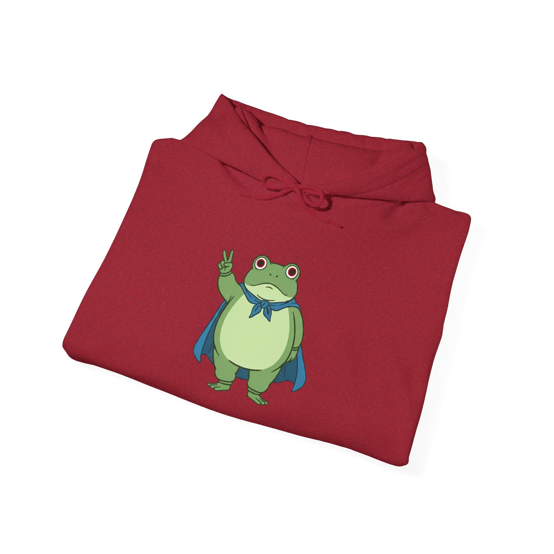 Folded red fleece hoodie with a bold graphic of the Portland protest frog—red eyes, blue cape, and unimpressed face by empowHERbyHeidi