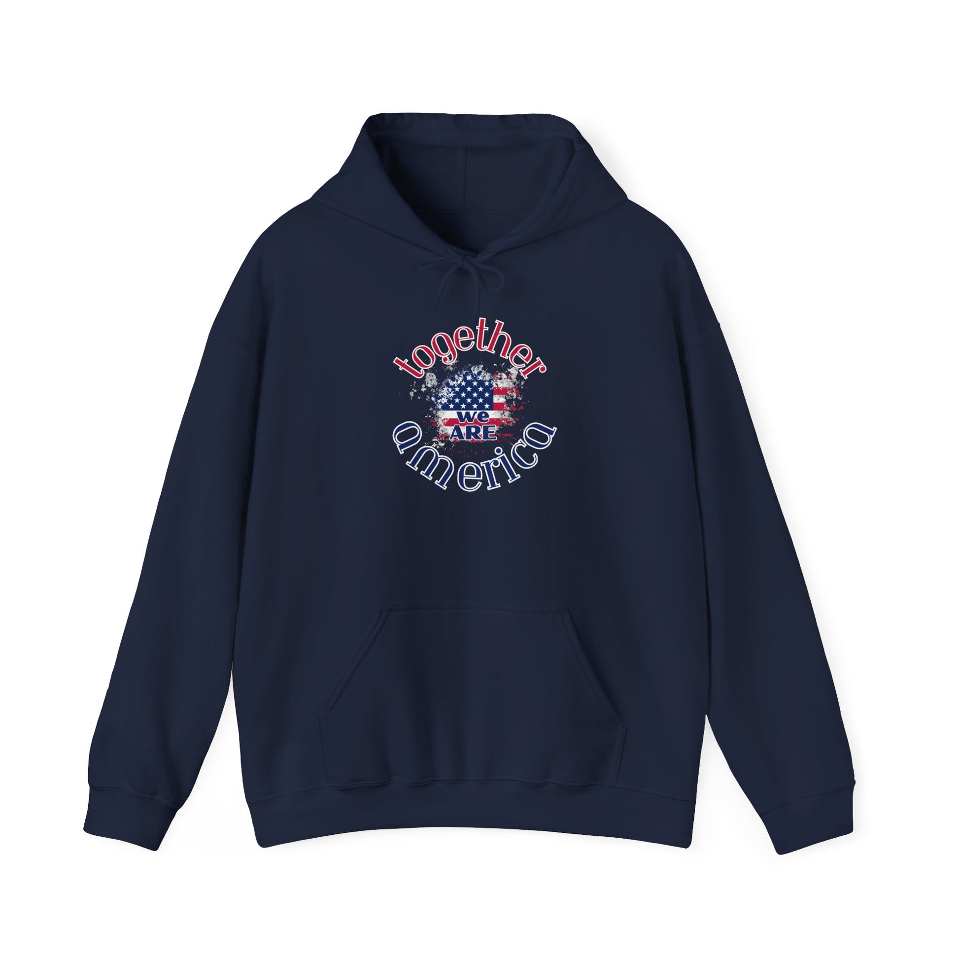 Navy blue hoodie with 'Together We Are America' text and flag design by empowHER by Heidi